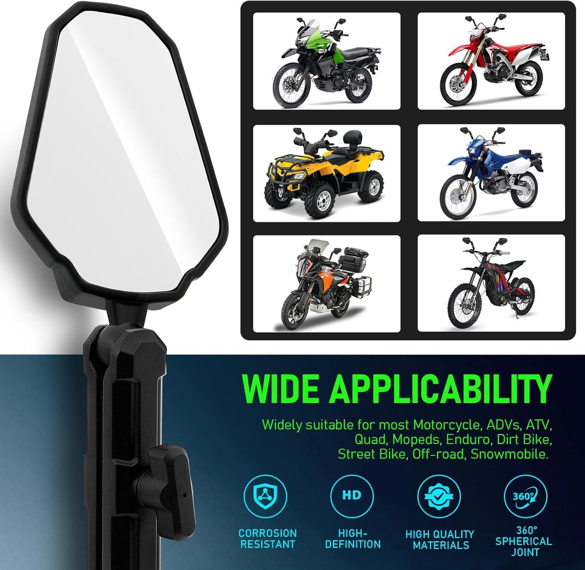 DREAMIZER Adventure Motorcycle Mirrors 8mm 10mm Motorbike Side Mirror, Universal 7/8" Handlebar Rear View Mirrors, Adjustable Double Roller ATV Mirror Compatible with Honda CRF Kawasaki Scooter