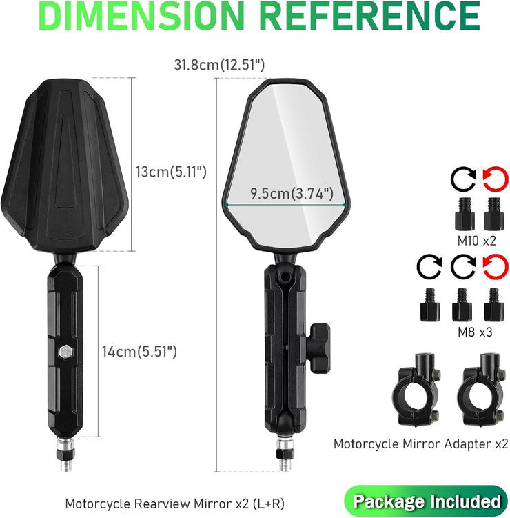 DREAMIZER Adventure Motorcycle Mirrors 8mm 10mm Motorbike Side Mirror, Universal 7/8" Handlebar Rear View Mirrors, Adjustable Double Roller ATV Mirror Compatible with Honda CRF Kawasaki Scooter