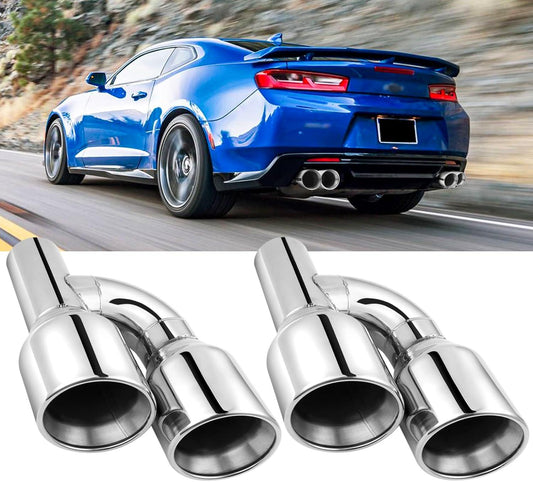 Pair Offset 2.5" In Quad 4" Out 11.5" Overall Length Dual Exhaust Tips Stainless Steel Slant Cut Double Wall Universal Tailpipe Tips Compatible with Ford Mustang GT F-150 Dodge Challenger Ram 1500