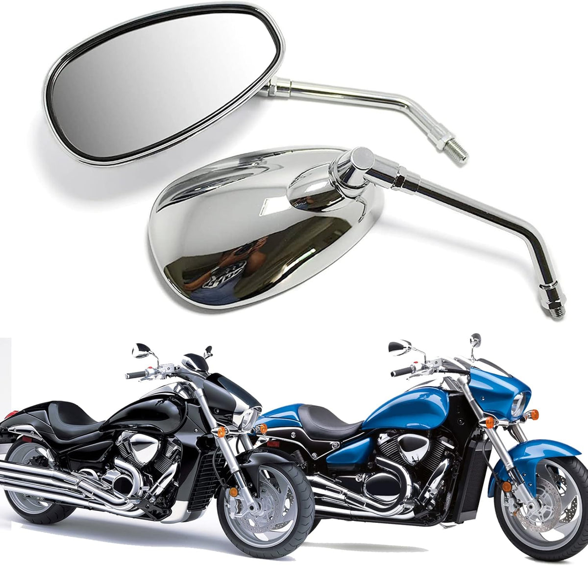 Motorcycle Chrome Rearview Side Mirrors Compatible with Kawasaki Suzuki Chopper Scooter 10MM