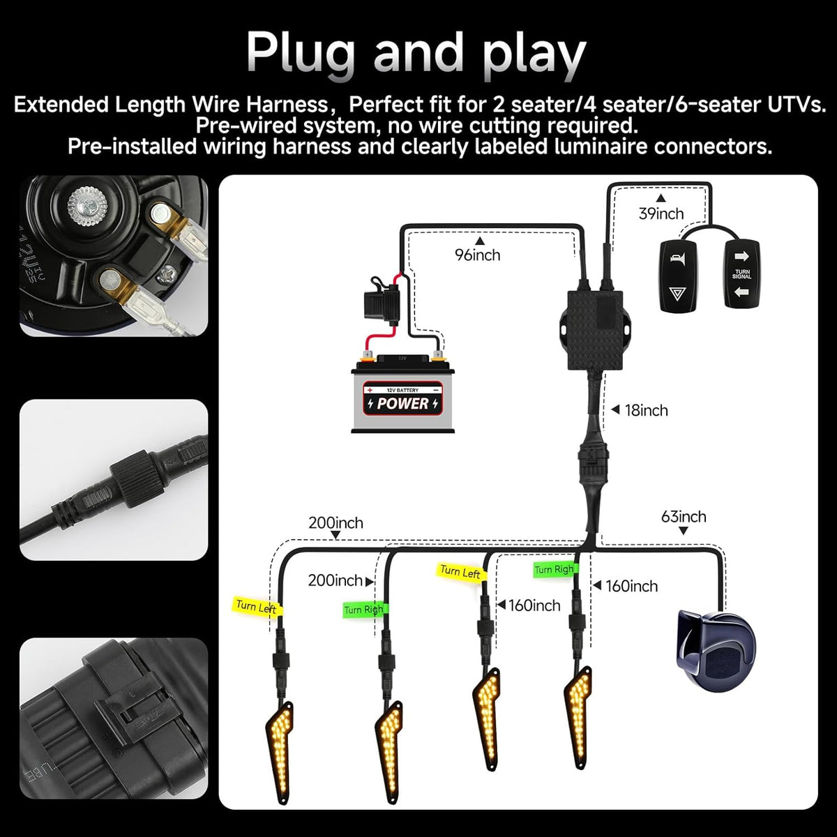 UTV Turn Signal Kit with Horn, Plug and Play, Pre-Wired, UTV ATV Blinker with Rocker Switch