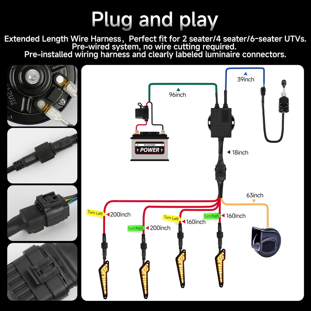 UTV Turn Signal Kit with Horn, Plug and Play, Pre-Wired, ATV Blinker with Lever Column Switch