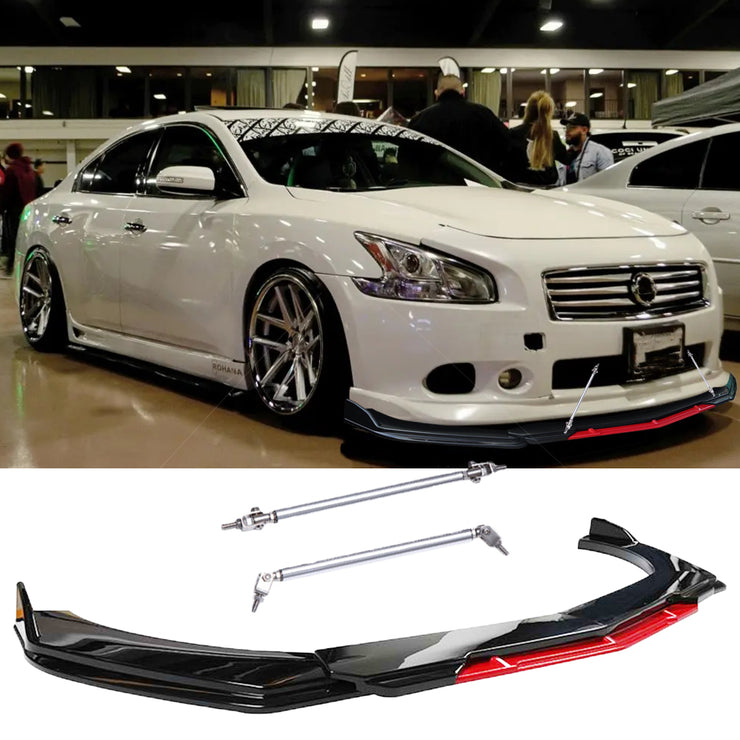 For Nissan Maxima Front Bumper Lip Splitter Red Lower Chin + 2x Strut Rods