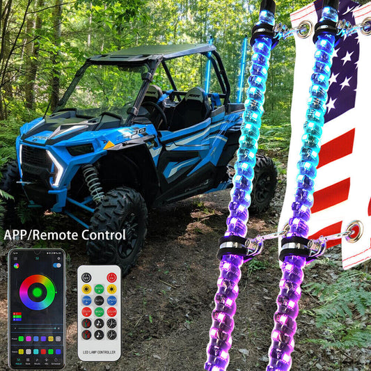 Pair 3ft RGB Spiral LED Whip Lights Antenna Chase + Flag&Remote for ATV UTV